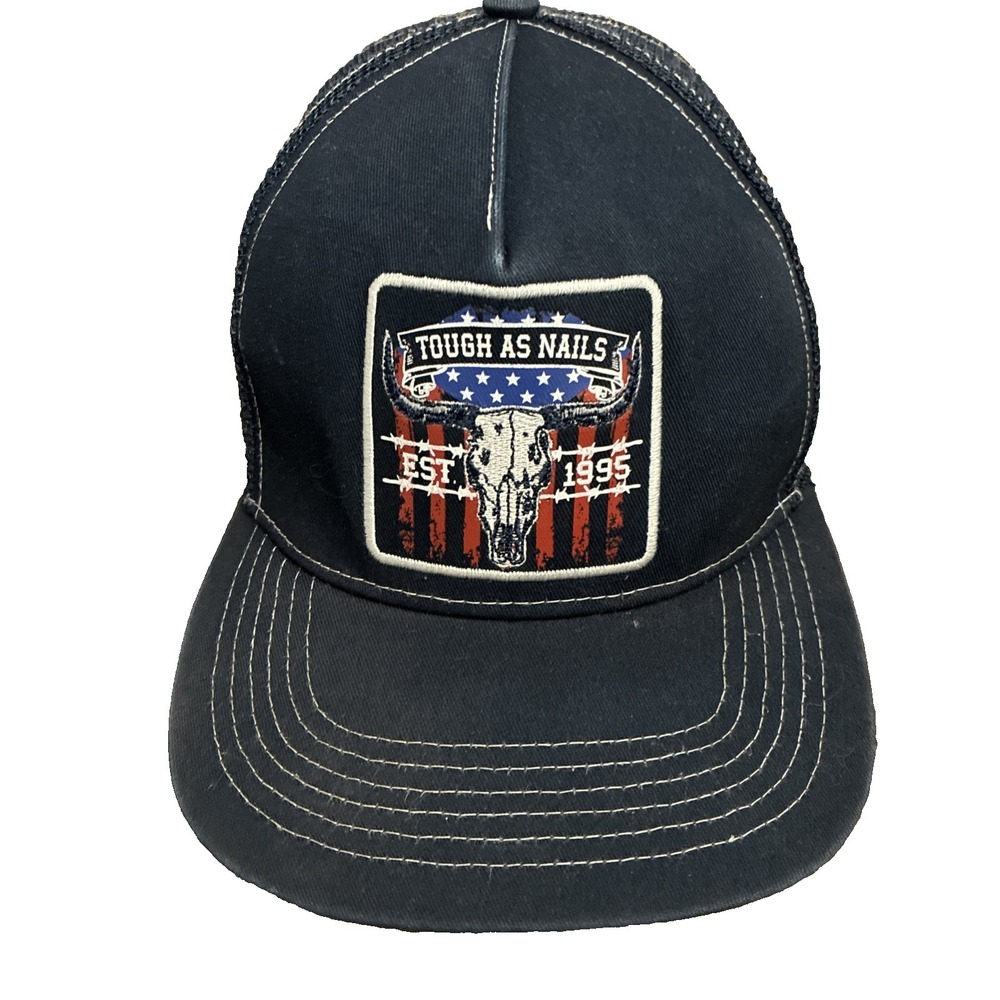 Cowboy Hardware Men's Blue Hat Bull Horns Tough As Nails Snapback Cap Distressed